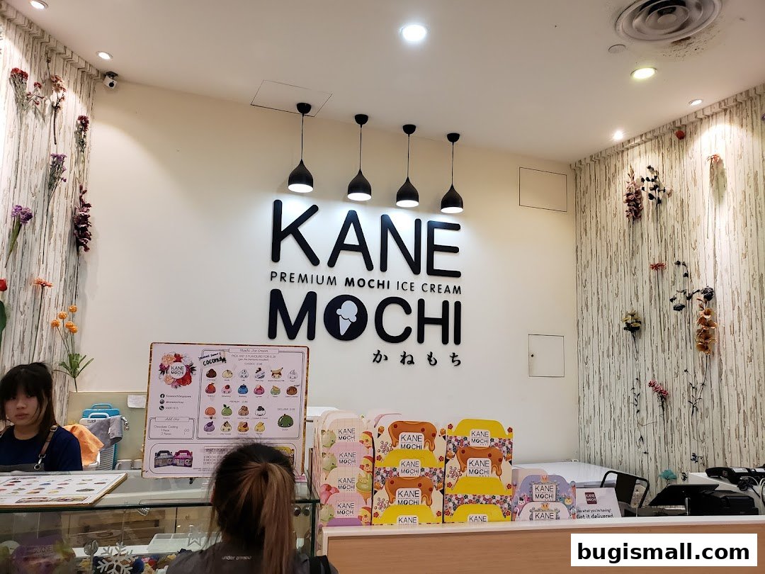 Interior view of a Kane Mochi shop with the brand logo and ice cream display.