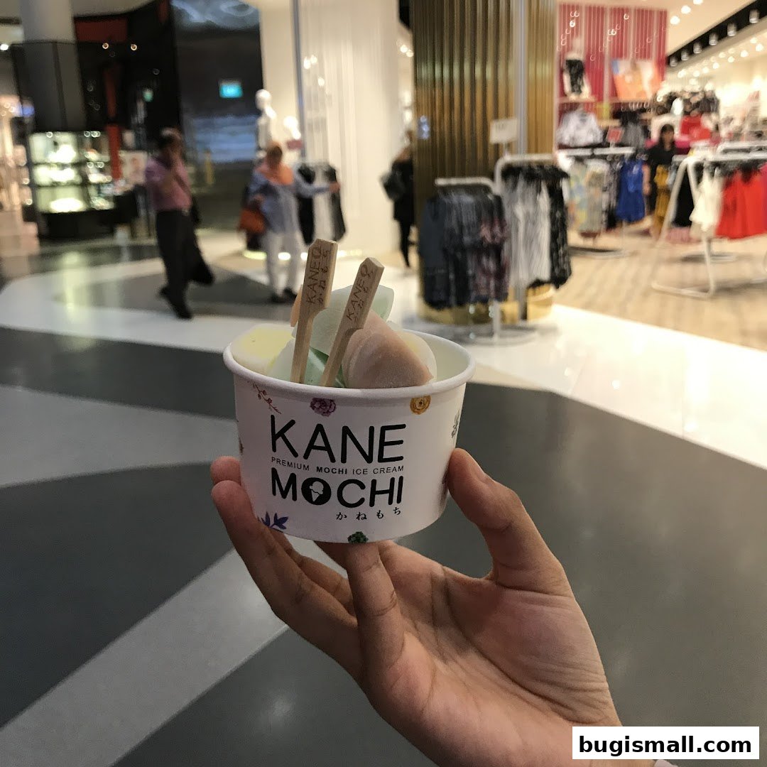 A hand holds a cup of Kane Mochi premium mochi ice cream in a mall.