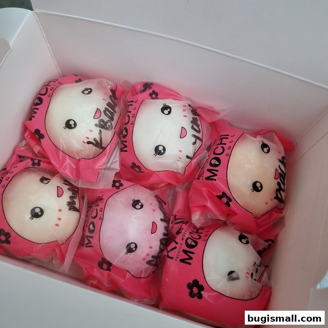 A box filled with individually wrapped mochi desserts, each featuring a cute character design.