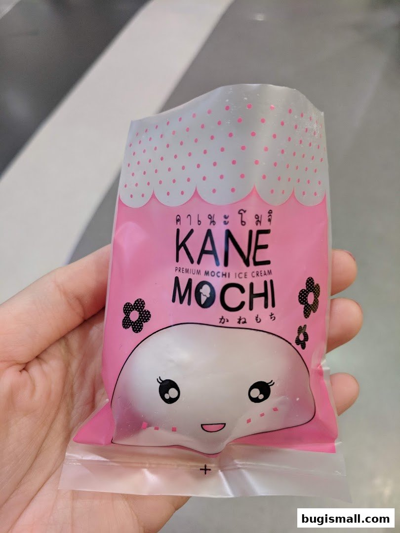 A hand holds a pink package of Kane Mochi premium mochi ice cream with a cute mochi character.