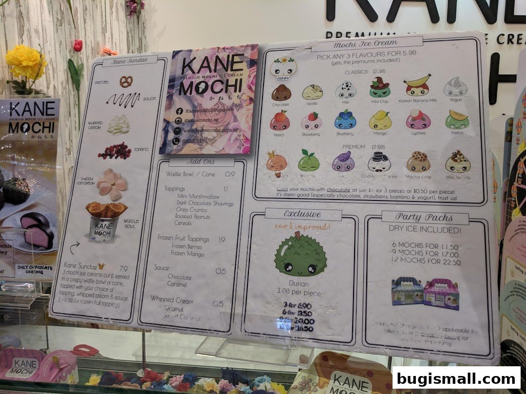 A menu board for Kane Mochi, showcasing mochi ice cream flavors, sundaes, and party packs.