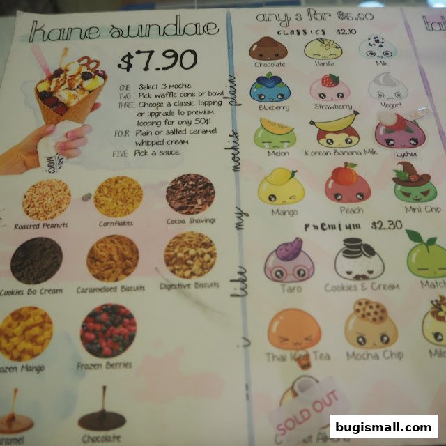 A menu for Kane Mochi featuring sundaes and various mochi flavors with toppings.