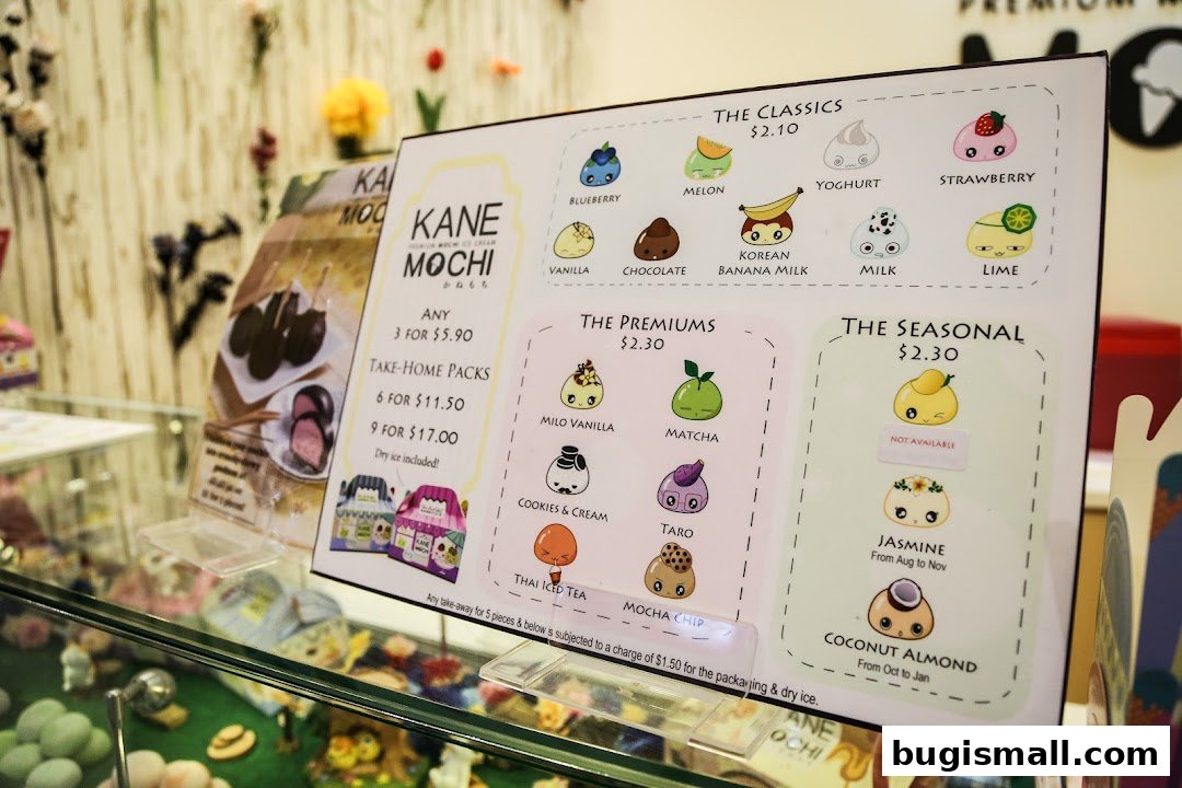 A menu board for Kane Mochi, showcasing various mochi ice cream flavors and take-home pack options.
