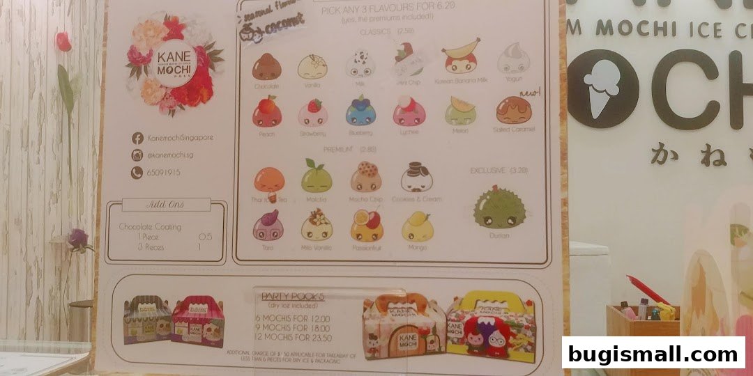 A menu board for Kane Mochi ice cream mochi with various flavors and party pack options.