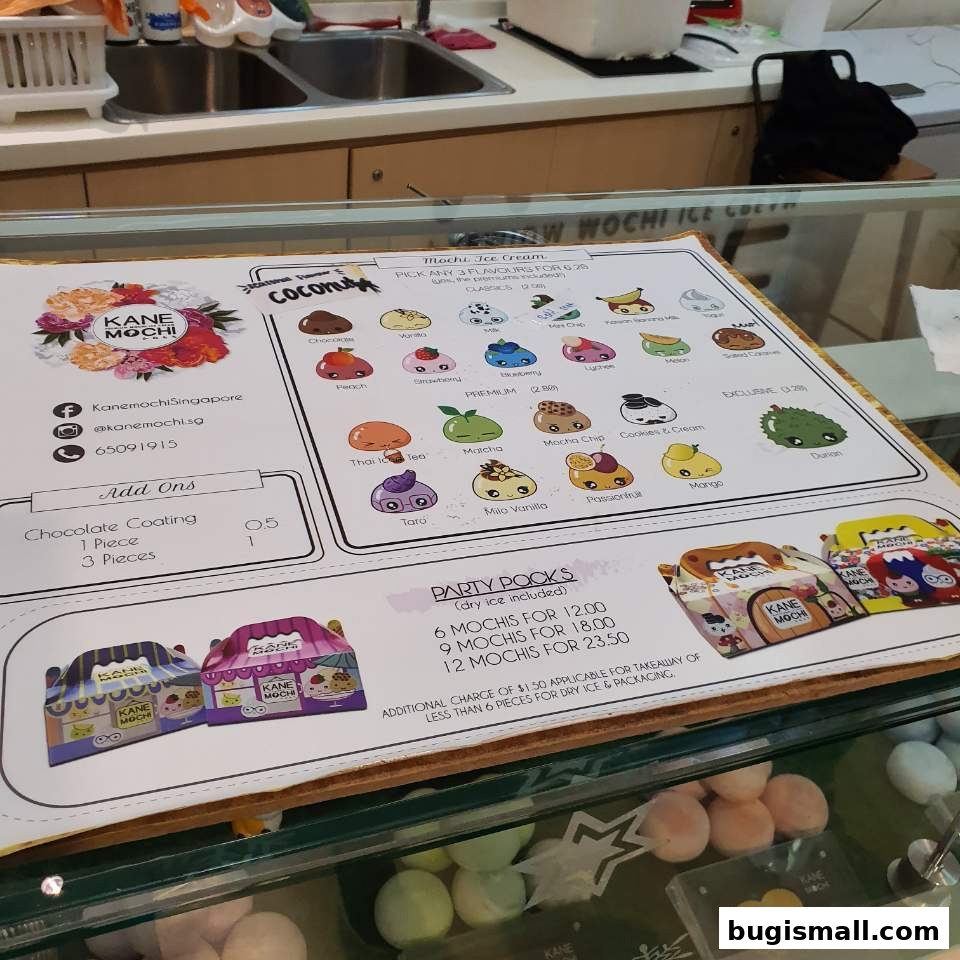 A menu for Kane Mochi featuring various mochi ice cream flavors and party pack options.
