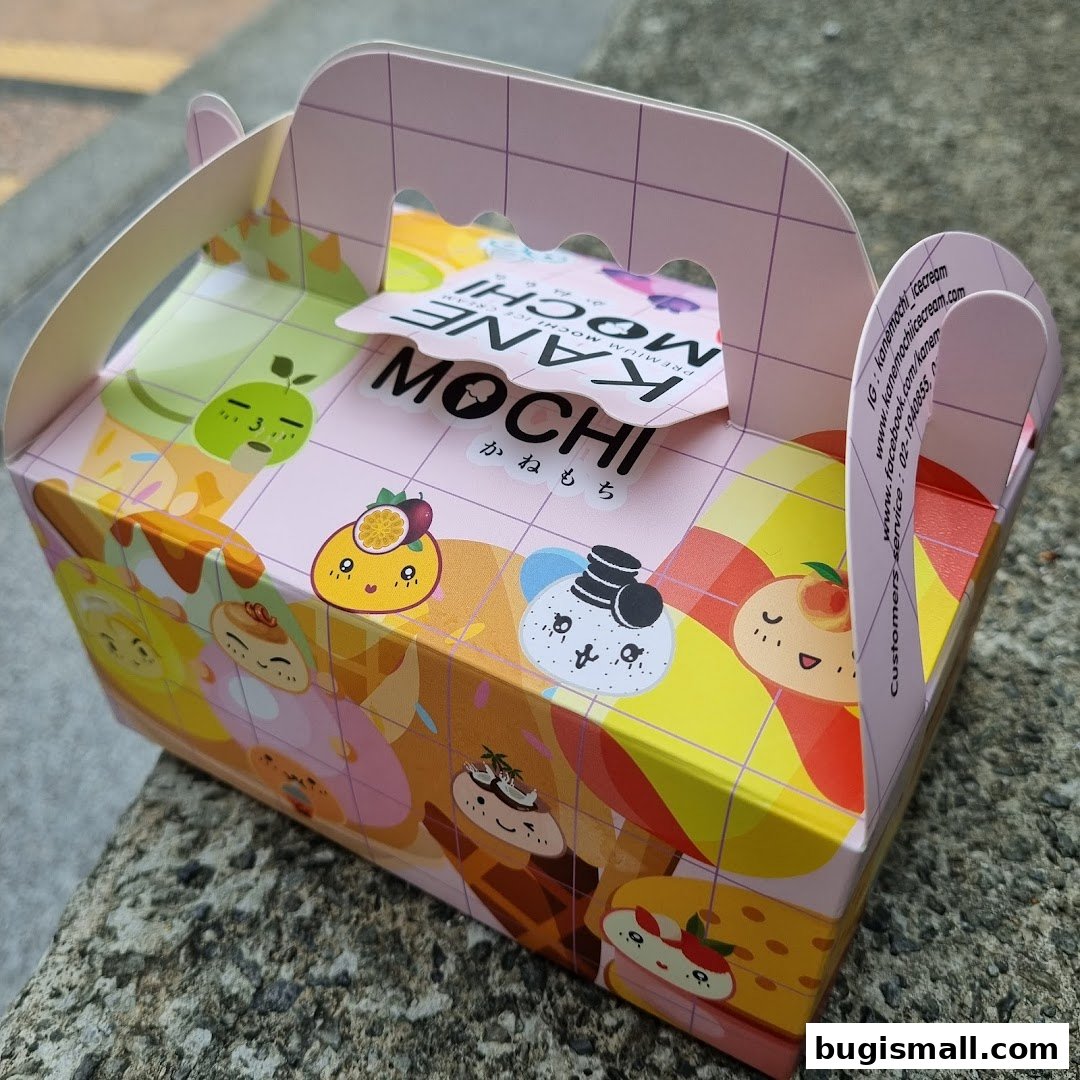 A pink gift box from KANE MOCHI, featuring colorful cartoon mochi ice cream characters.