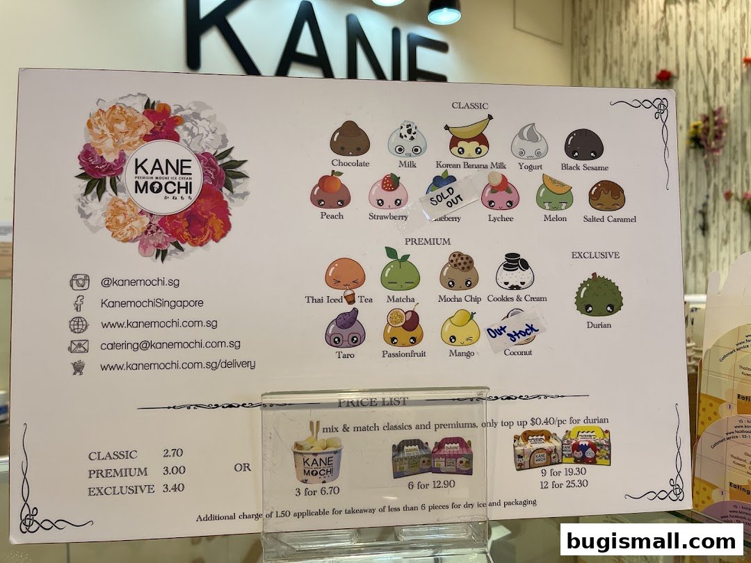 A menu board displaying various mochi ice cream flavors and pricing.