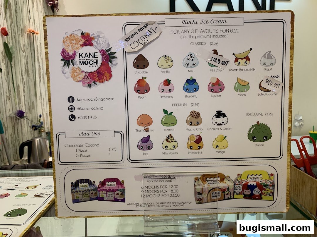 A menu board for Kane Mochi featuring various mochi ice cream flavors and party pack options.