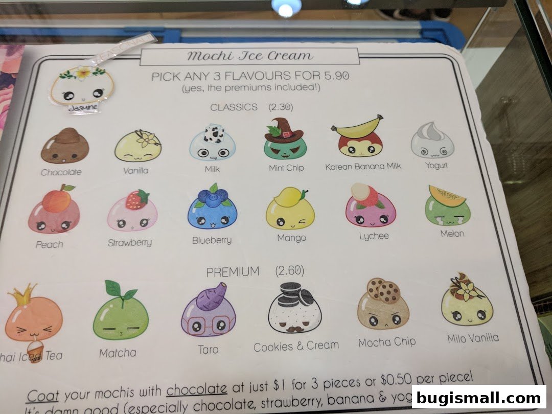 A menu board displaying various flavors of Mochi Ice Cream with cute illustrations.