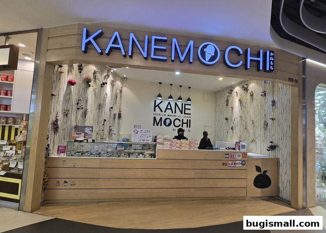 The Kane Mochi shop front features a wooden counter with mochi ice cream displayed, and a decorative wall with flowers.