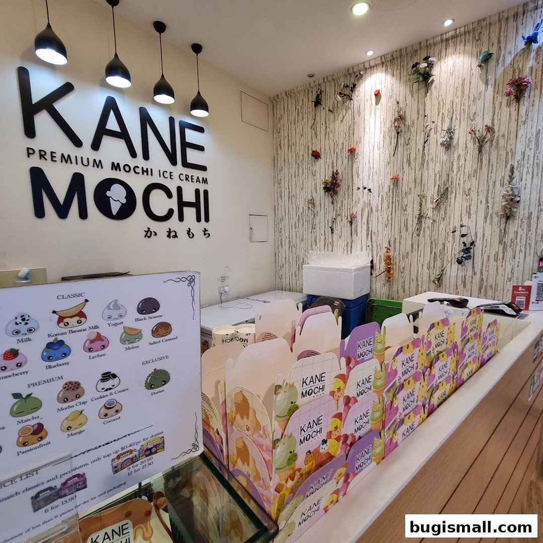 Interior view of a Kane Mochi shop with a menu and colorful mochi ice cream packaging.