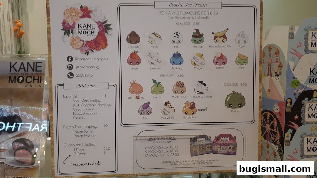 A menu board for Kane Mochi, showcasing various mochi ice cream flavors and add-ons.