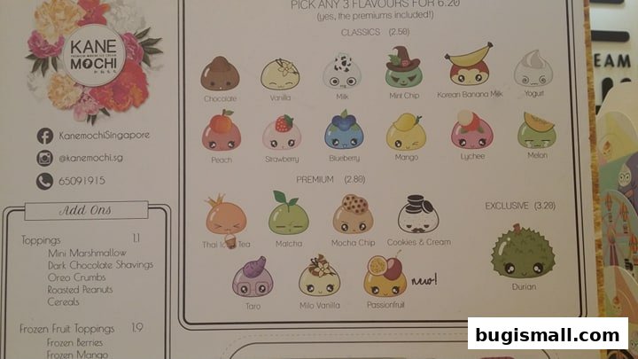 A menu from Kane Mochi showcasing various mochi flavors with cute character designs.