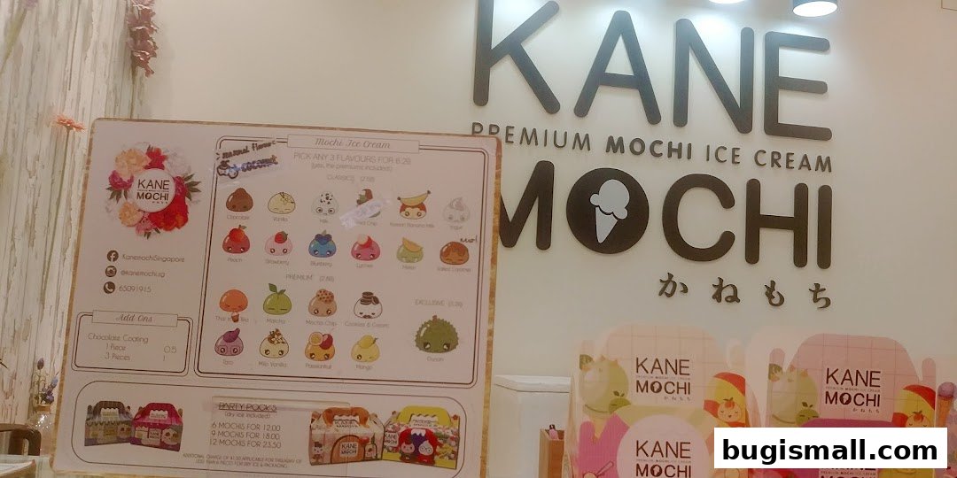 A menu board for Kane Mochi Premium Mochi Ice Cream with various flavors and party pack options.