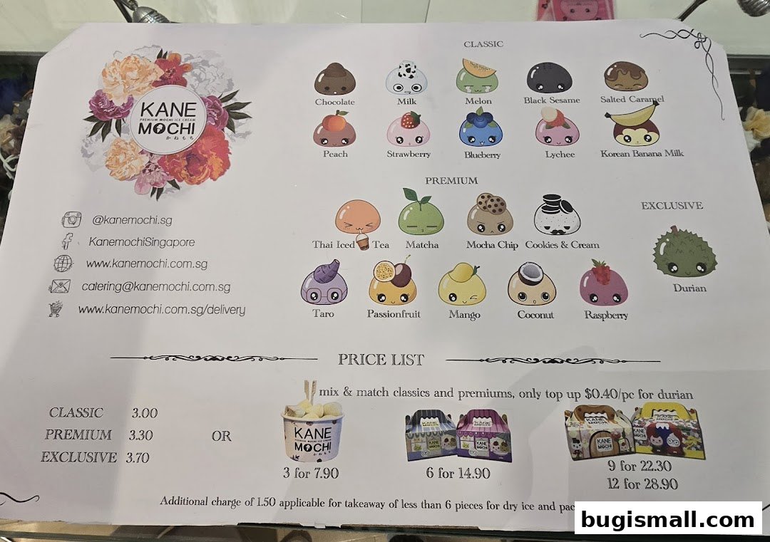 A menu from Kane Mochi showcasing various mochi flavors with cute illustrations and pricing.