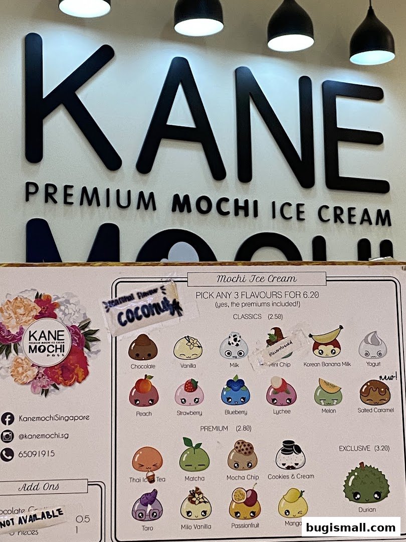 A menu board for Kane Mochi Premium Mochi Ice Cream featuring various flavors.