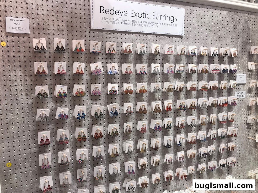 A wall display showcasing a wide variety of colorful and patterned exotic earrings.