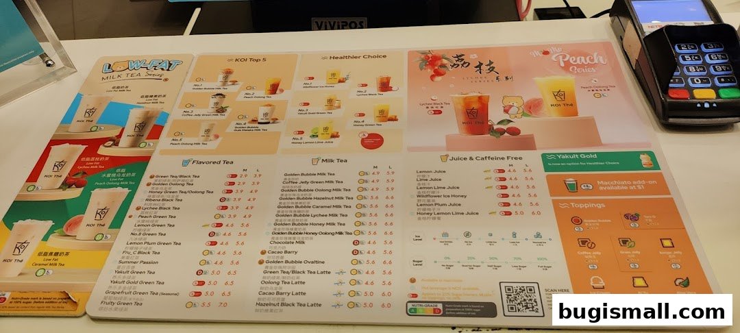 A menu from KOI Thé Bugis showcasing various milk teas, flavored teas, and juices with prices.