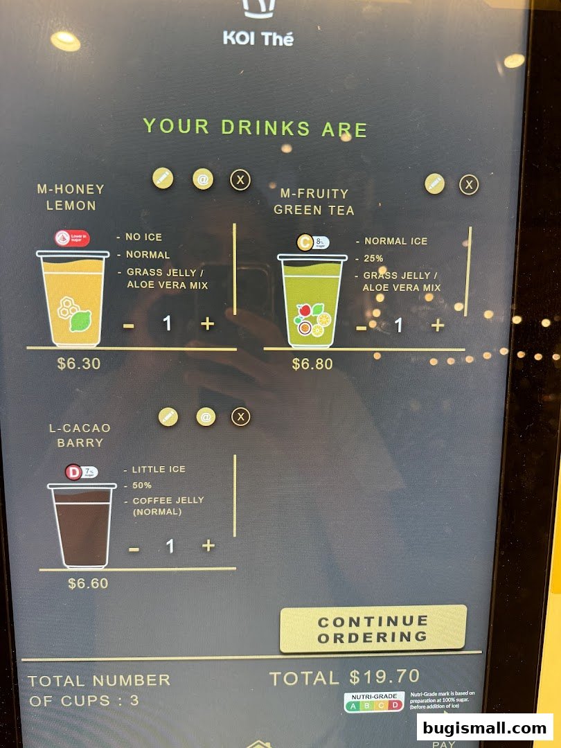 A digital menu displaying various KOI Thé drinks with customization options and prices.