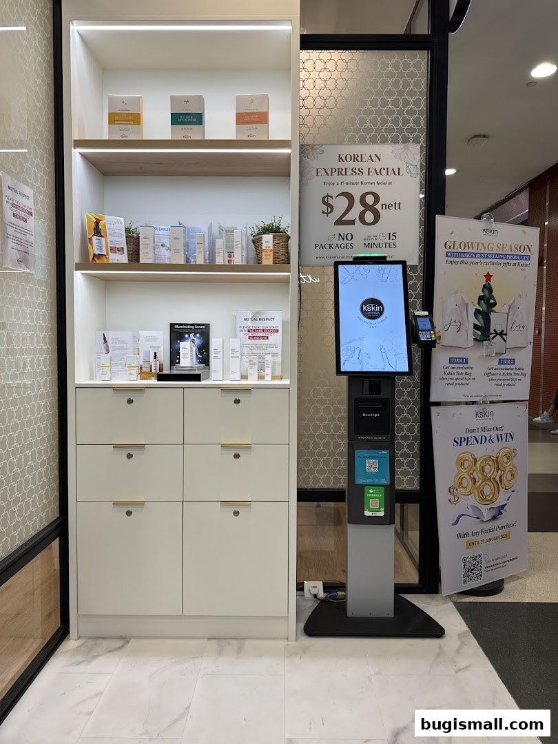 Kskin Korean Express Facial shop display with products and promotional signage.