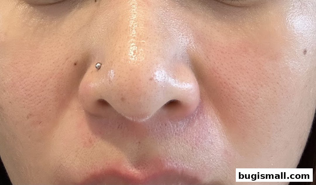 Close-up of a person's nose and cheeks showing skin texture and a nose piercing.