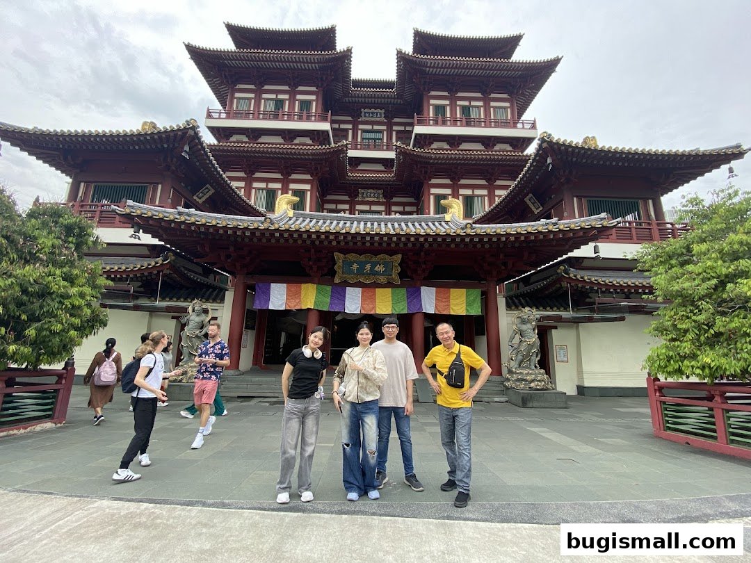 A group of people posing in front of a large, ornate Buddhist temple with traditional architecture.
