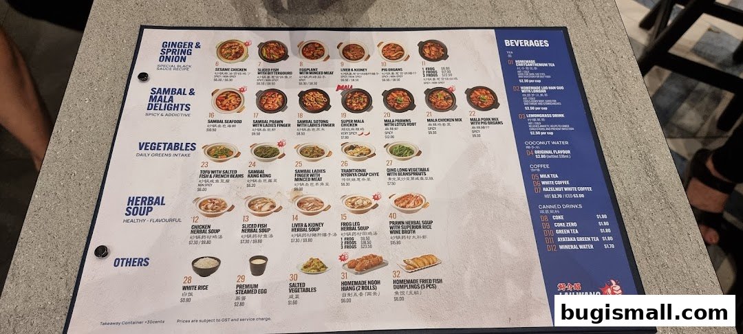 A menu from Lau Wang Claypot Delights featuring various claypot dishes, vegetables, soups, and beverages.