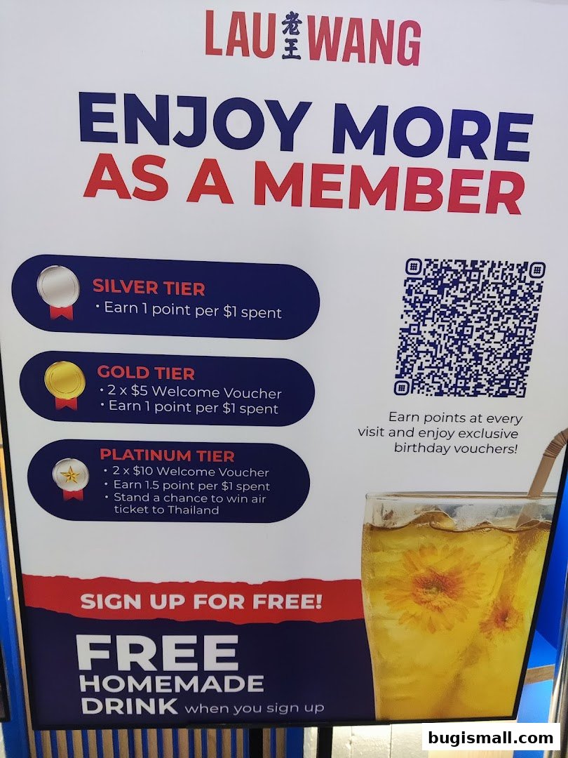 A promotional poster for Lau Wang's membership program, offering tiered benefits and a free drink.