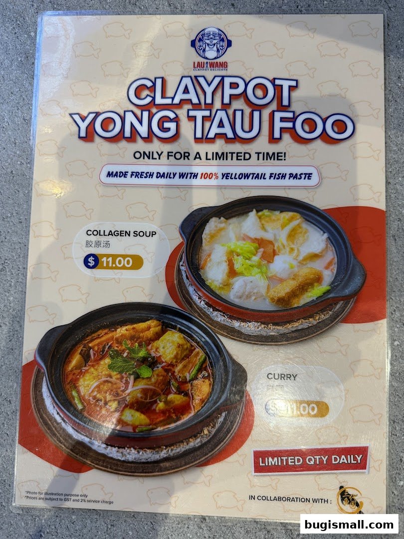 A menu featuring Lau Wang Claypot Yong Tau Foo with two soup options: Collagen and Curry.