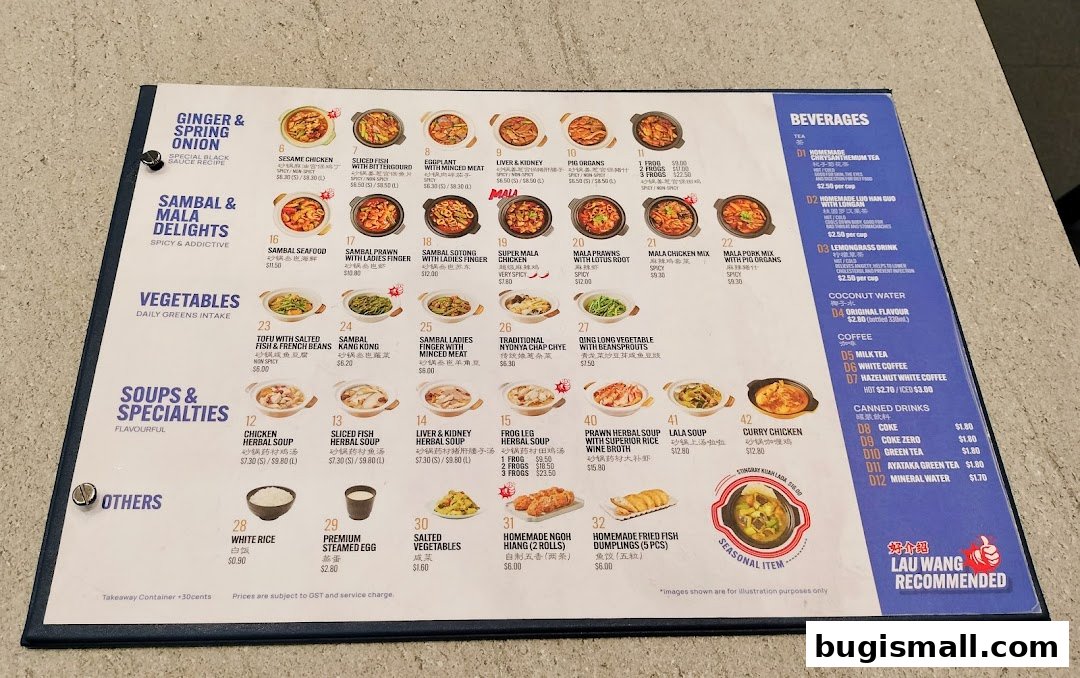 A menu from Lau Wang Claypot Delights featuring various claypot dishes, soups, vegetables, and beverages.