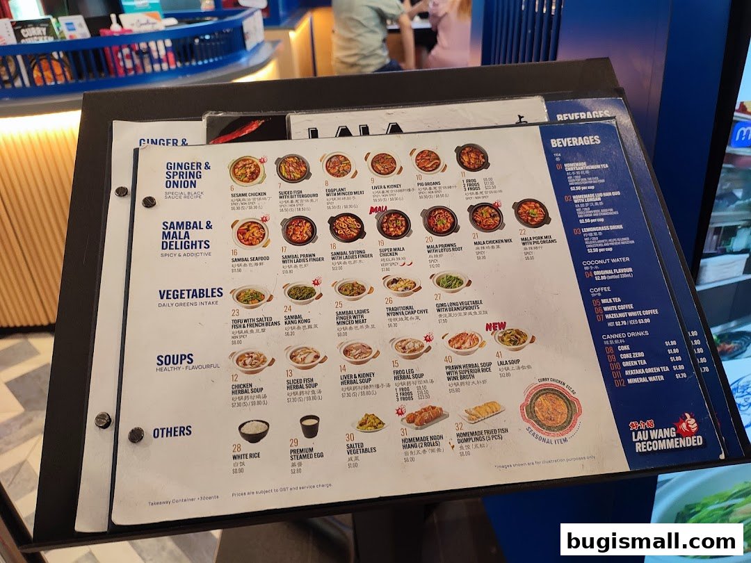 A menu from Lau Wang Claypot Delights featuring various claypot dishes, soups, vegetables, and beverages.