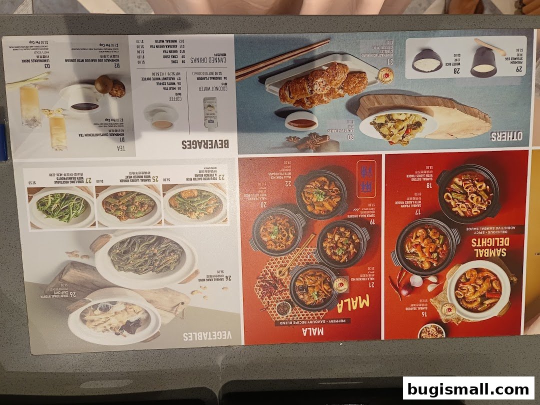 A menu featuring various claypot dishes, beverages, and vegetable sides.