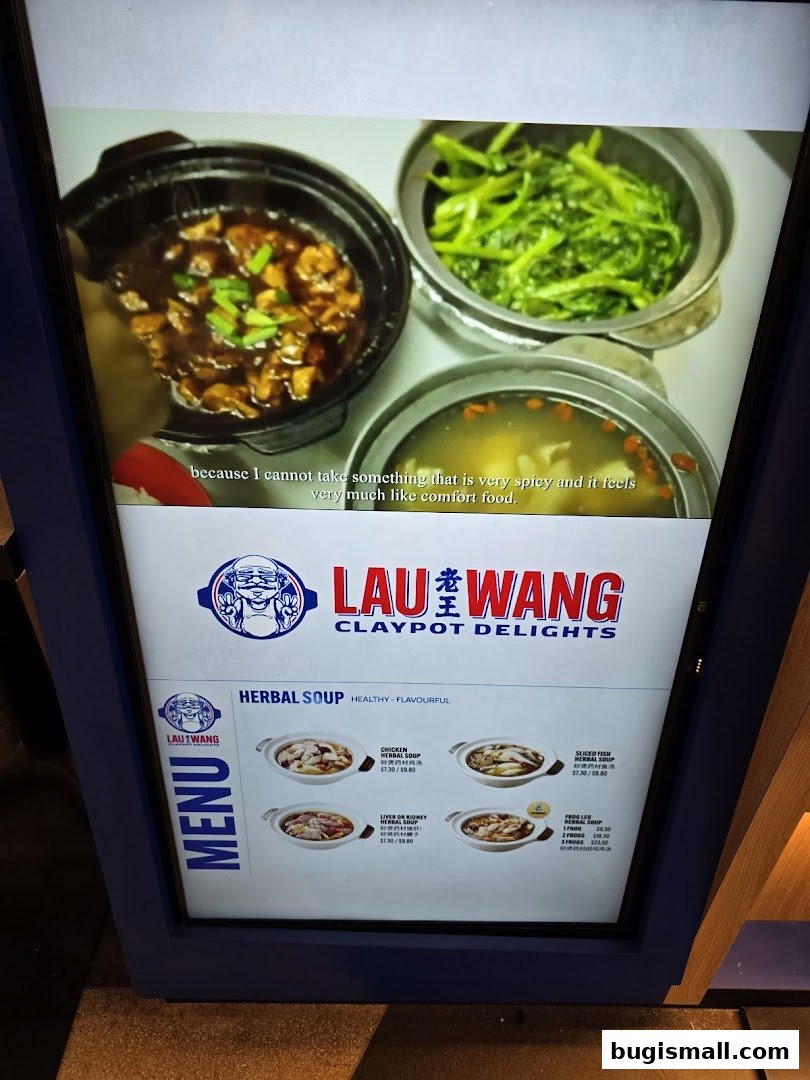 A digital menu displaying Lau Wang Claypot Delights' herbal soups with prices.
