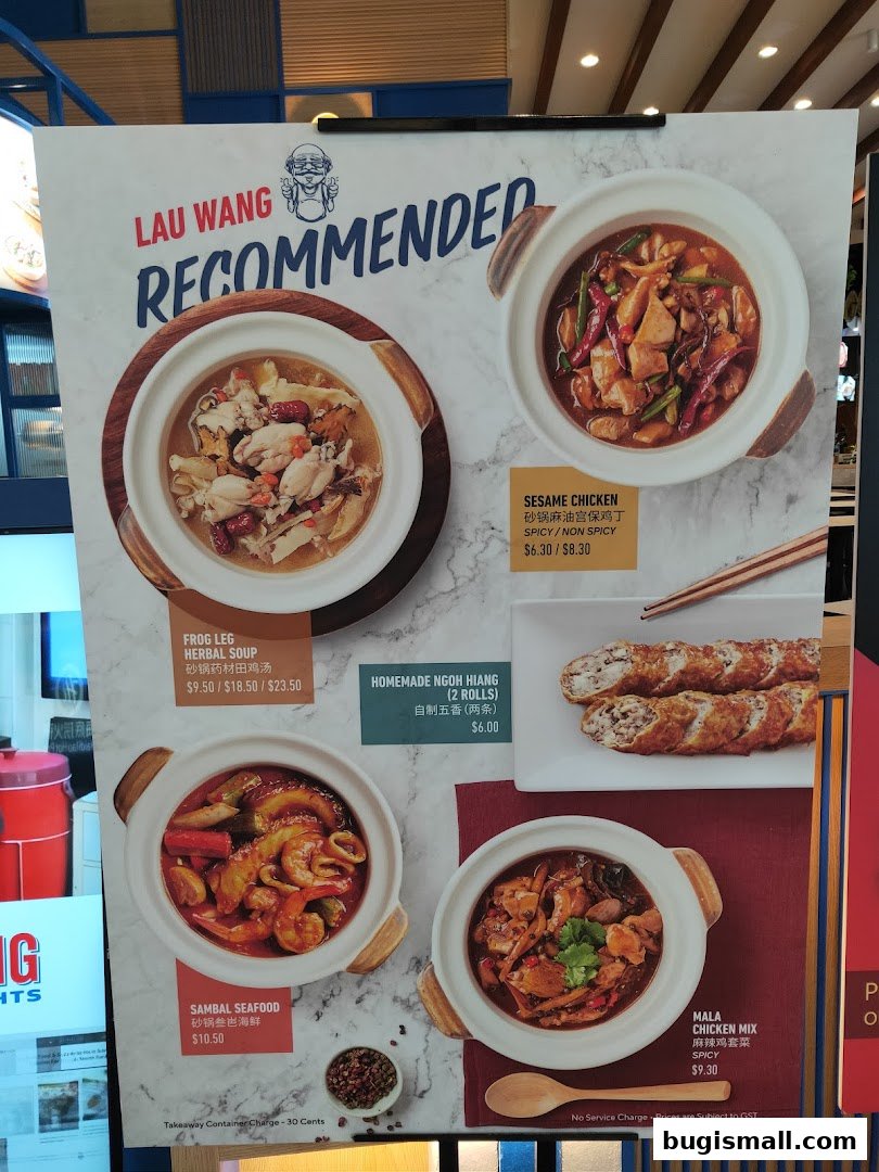 A menu board showcasing recommended claypot dishes from Lau Wang.