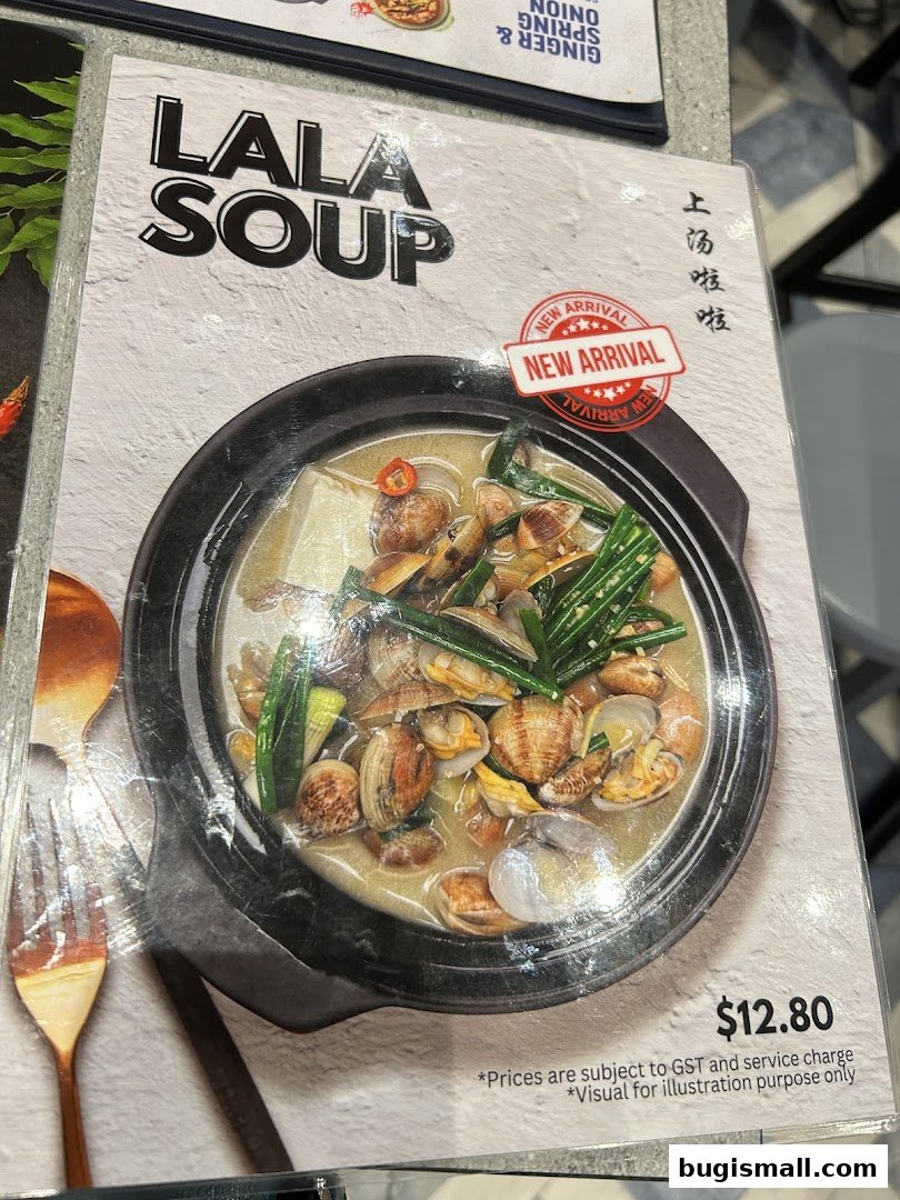 A menu featuring a steaming bowl of Lala Soup with a 'New Arrival' sticker.