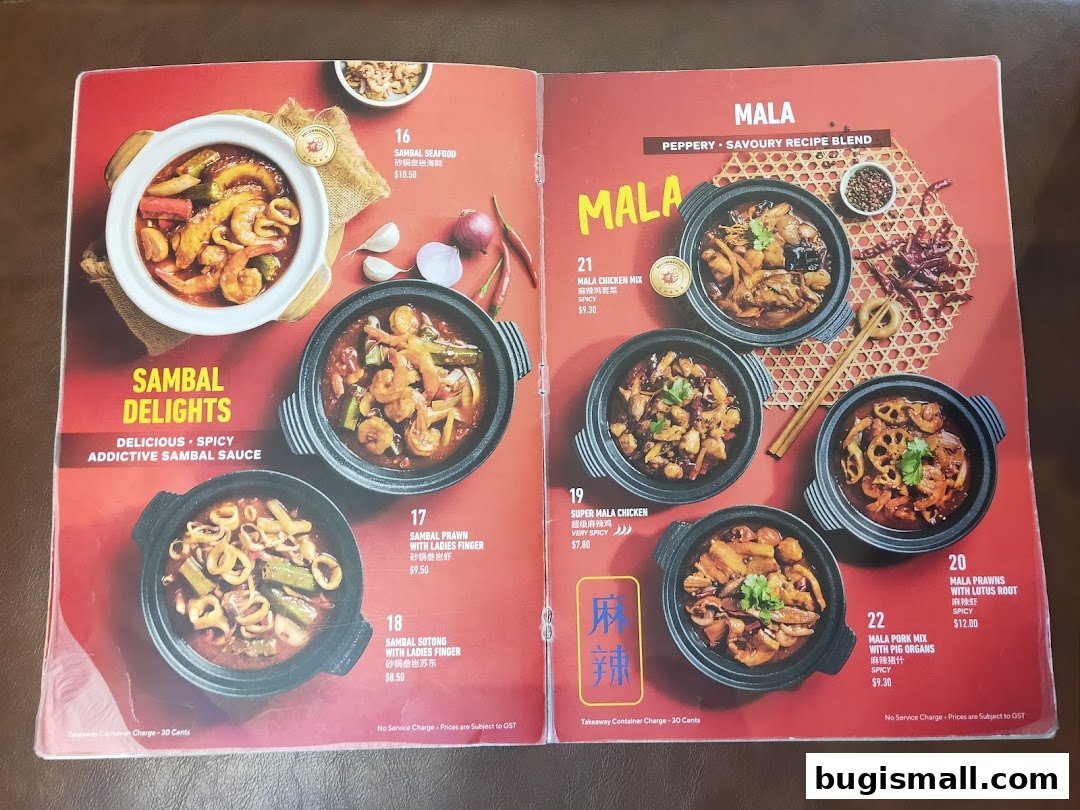 A menu featuring Sambal Delights and Mala dishes with enticing food photography.