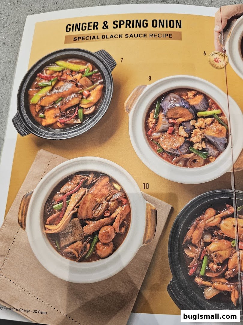 A menu page showcasing various claypot dishes with ginger and spring onion.