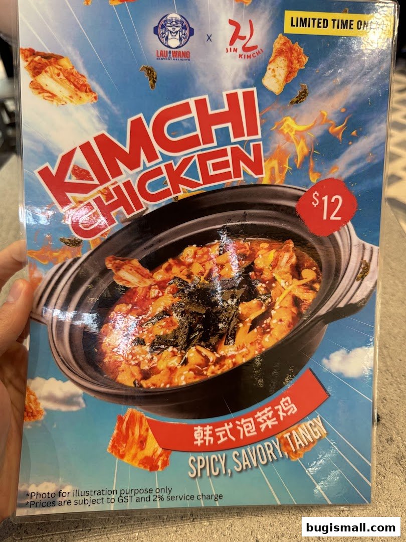 A menu flyer for Lau Wang Claypot Delights featuring Kimchi Chicken.