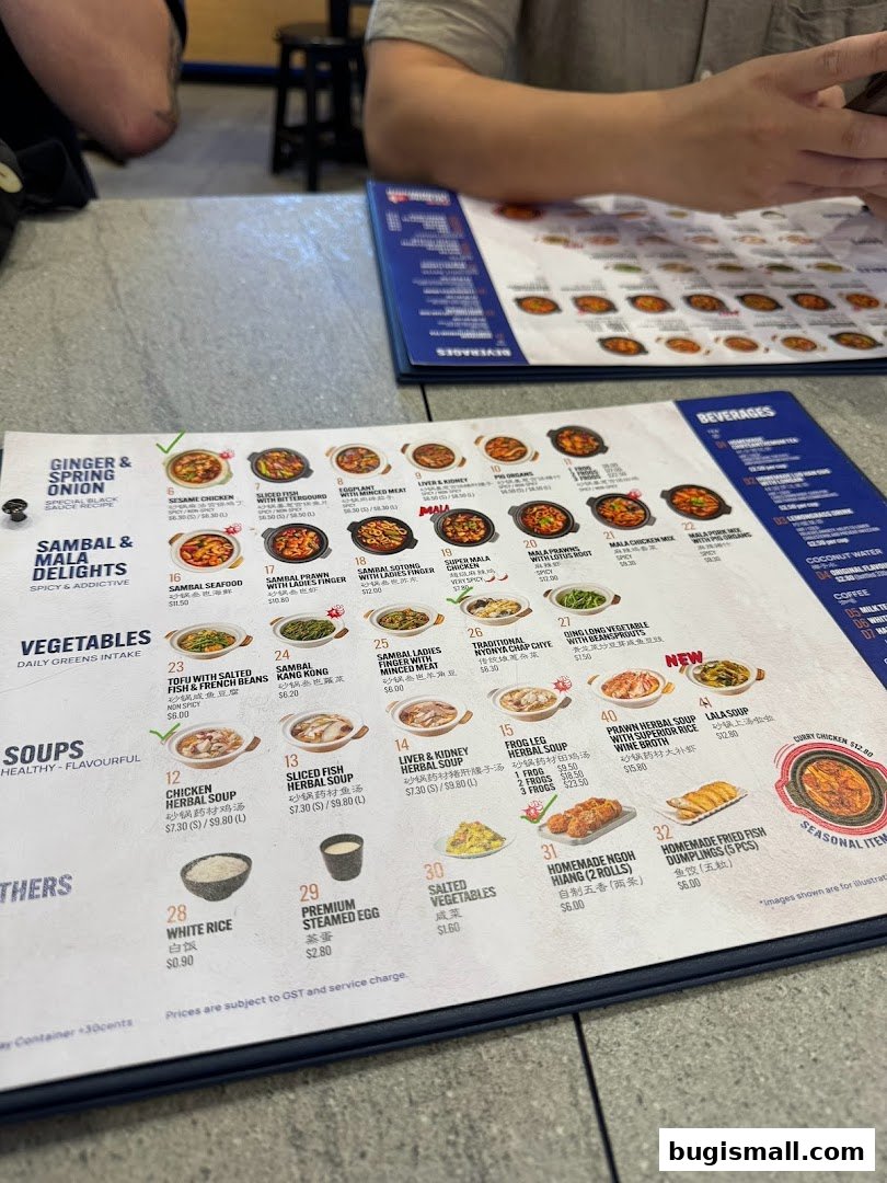 A menu from Lau Wang Claypot Delights featuring various claypot dishes, soups, vegetables, and side items.
