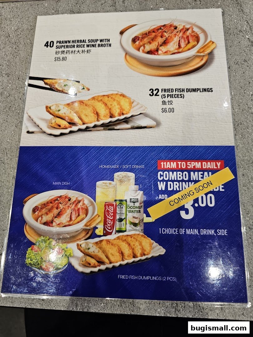 A menu featuring prawn soup, fried fish dumplings, and a combo meal with drinks and sides.