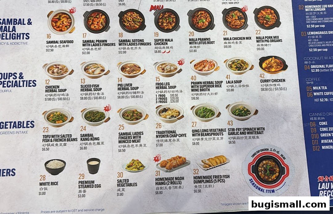 A menu from Lau Wang Claypot Delights featuring various claypot dishes, soups, vegetables, and drinks.