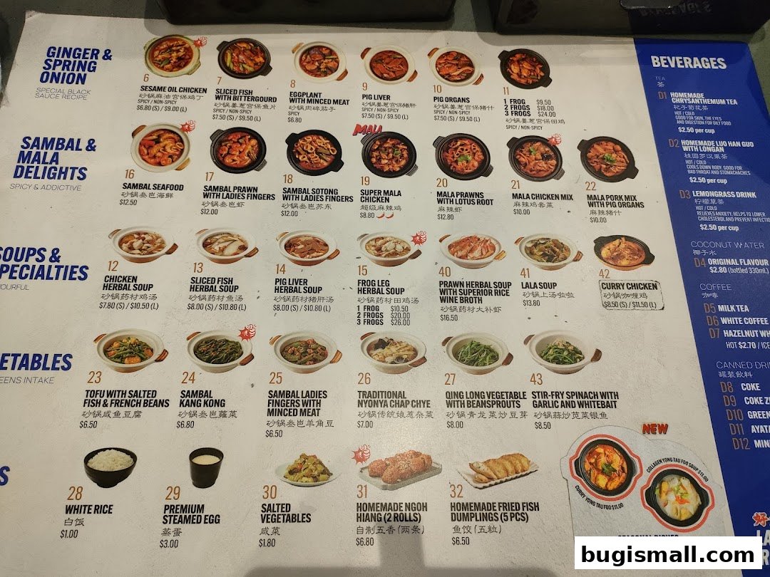 A menu from Lau Wang Claypot Delights featuring various claypot dishes, soups, beverages, and seasonal specials.