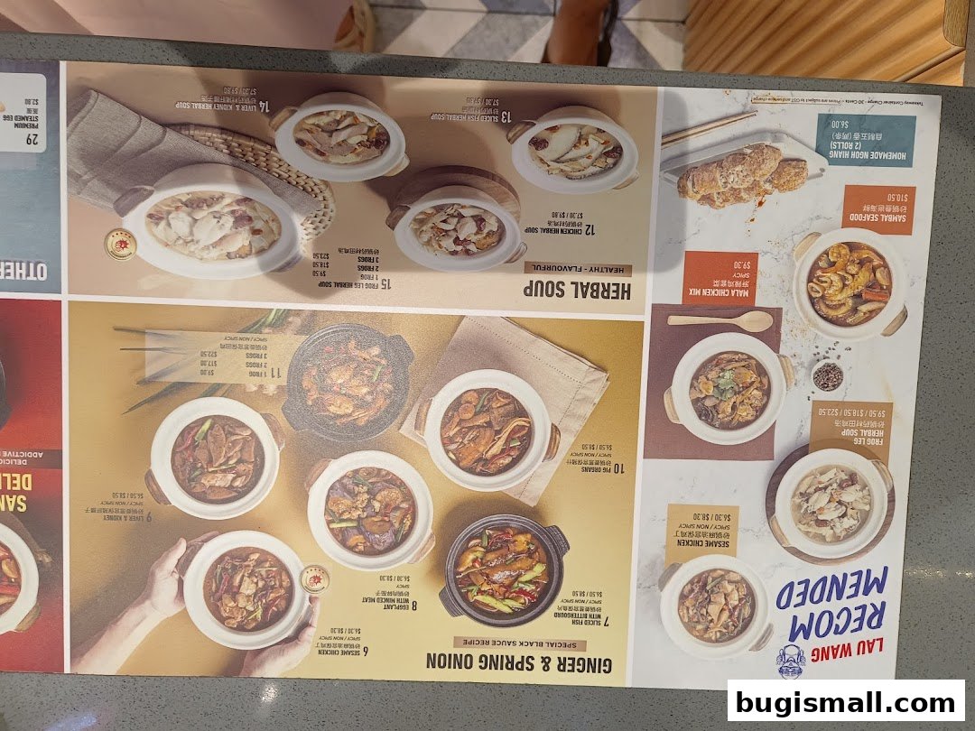 A menu featuring various claypot dishes and soups from Lau Wang Claypot Delights.