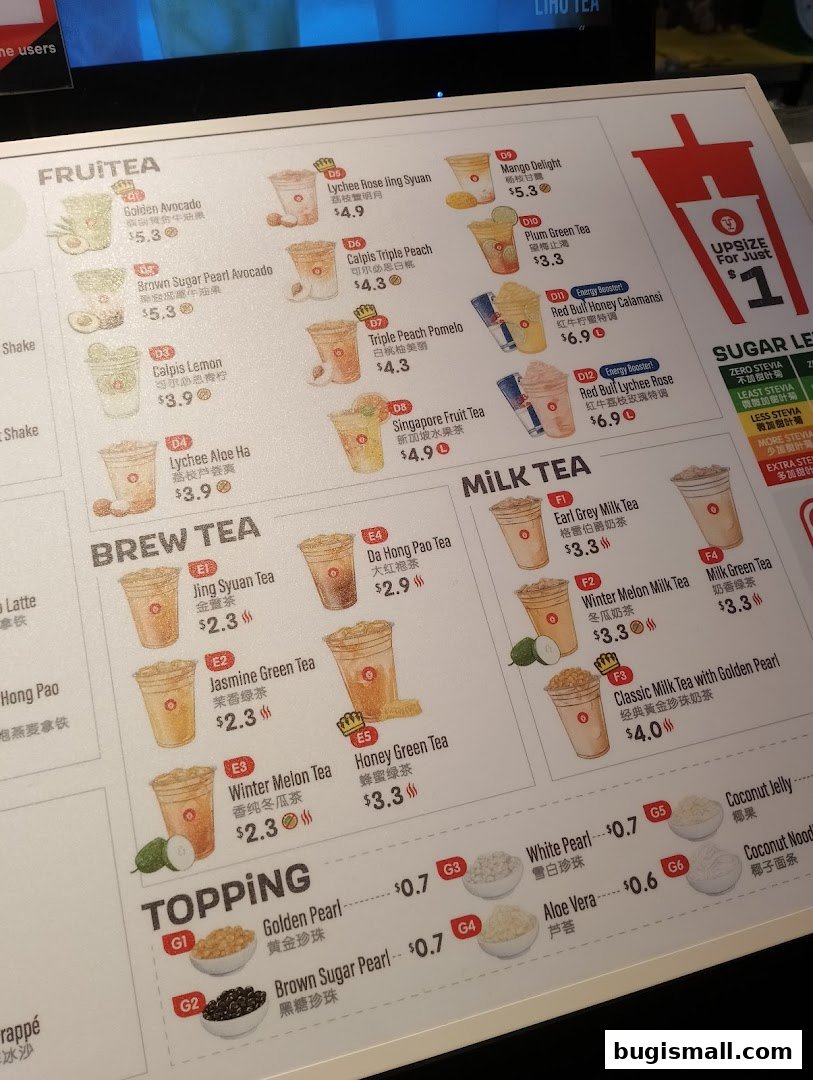 A menu for LiHO TEA featuring various fruit teas, milk teas, brew teas, and toppings.