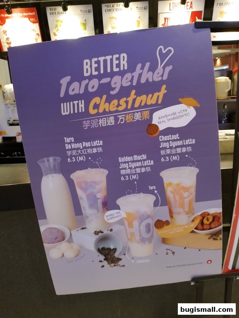 A promotional poster for LiHO TEA featuring new taro and chestnut flavored drinks.