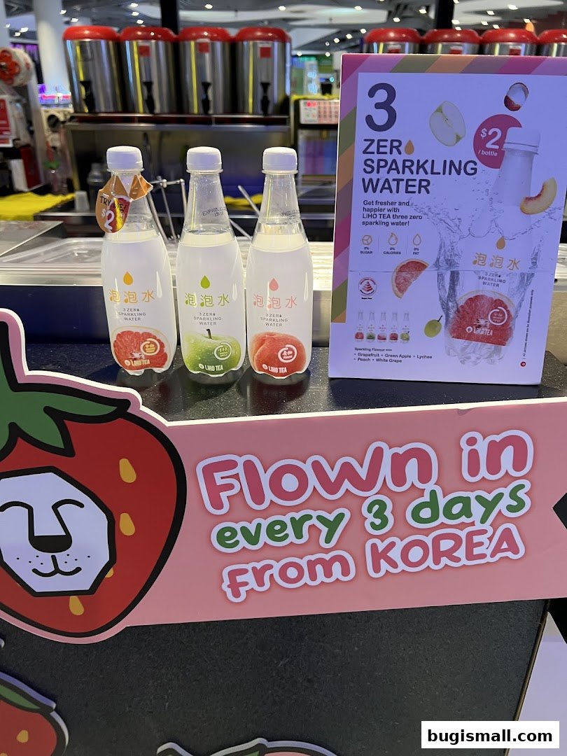 LiHO TEA bottles and a promotional sign for zero sparkling water flown in from Korea.