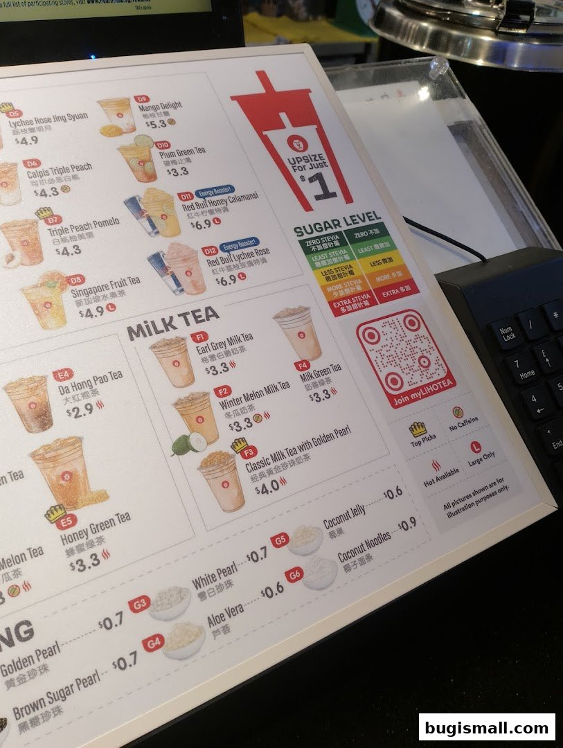 A menu for LiHO TEA featuring various milk teas, fruit teas, and toppings with prices.