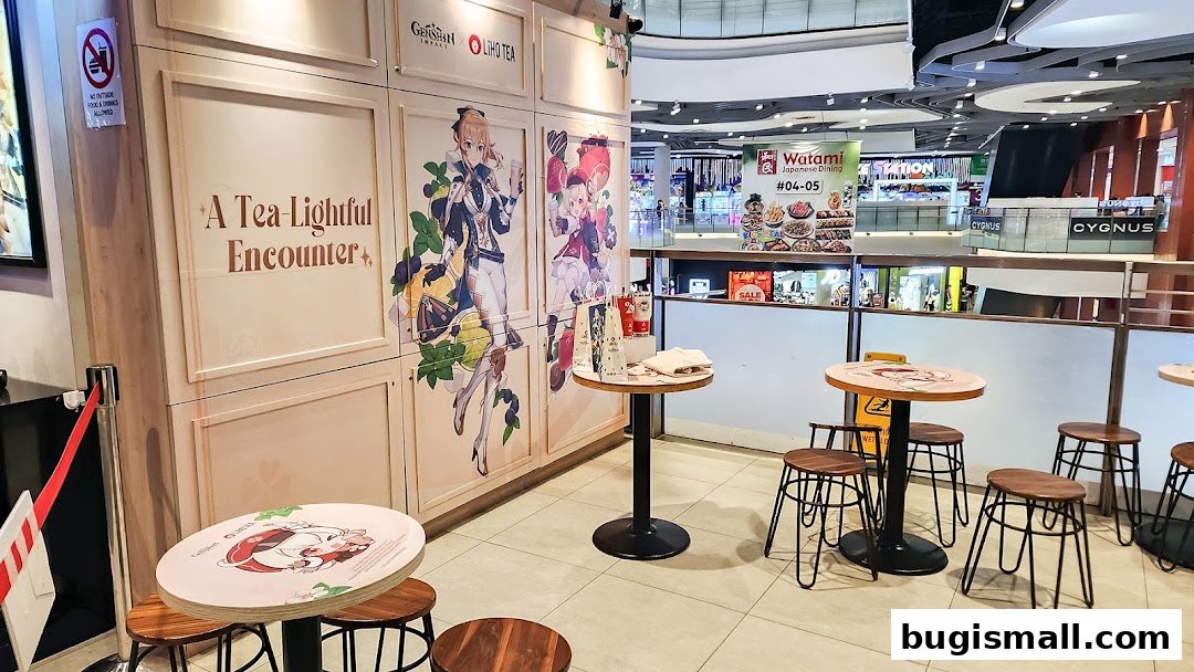 Interior of a LiHO TEA shop with Genshin Impact collaboration decor and seating.