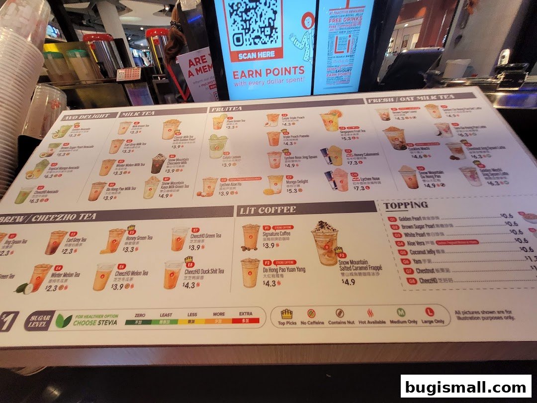 A menu for LiHO TEA featuring various milk teas, fruit teas, and coffee drinks with prices.
