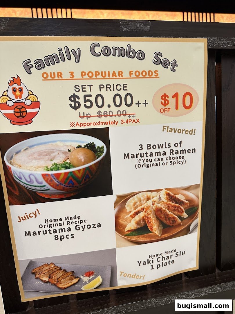A promotional poster for Marutama Ramen's Family Combo Set featuring ramen, gyoza, and char siu.